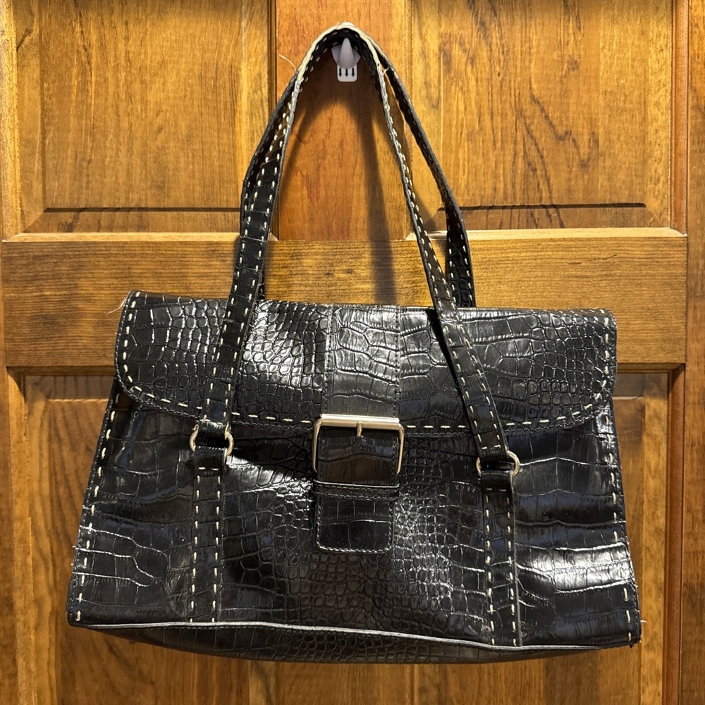 Vintage Y2K Liz Claiborne Black Faux Croco Leather Satchel Top Handle Bag